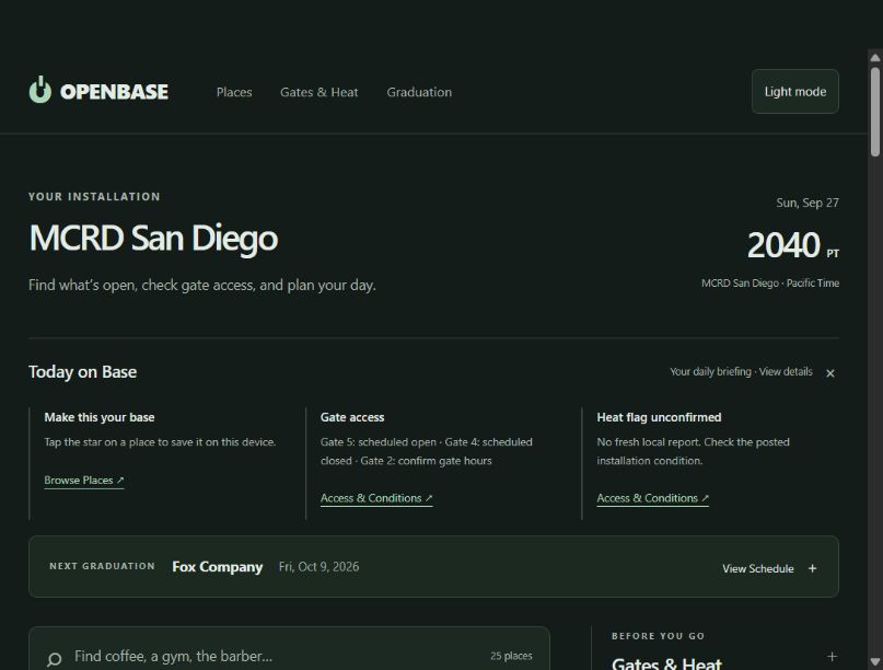 OPENBASE website showing its MCRD San Diego directory and useful information for the base community